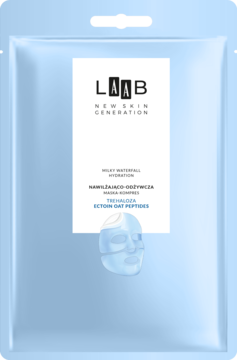 AA LAAB Milky Waterfall Hydration maska nawilżająca. Jasnoniebieska saszetka z Ectoin Oat Peptides i grafiką maski.