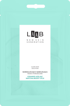 AA LAAB Clear Skin, normalizująco-nawilżająca hydrożelowa maska w białej saszetce na jasnoturkusowym tle.