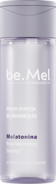 be.Mel neuro-esencja do demakijażu z melatoniną i kwasem hialuronowym, w jasnofioletowej butelce, widok z przodu.