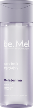Tonik be.Mel neuro-tonik odprężający z melatoniną, półprzezroczysta butelka w fioletowym odcieniu, widok z przodu.
