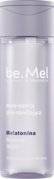 Butelka be.Mel neuro-esencji nawilżającej z melatoniną i niacynamidem, jasnofioletowy design, widok z przodu.