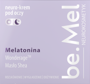 Be.Mel neuro-krem pod oczy z Melatoniną, Wonderage i Masłem Shea w jasnofioletowym opakowaniu, widok z przodu, symbol dzień/noc.