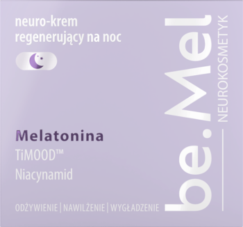 Fioletowy neuro-krem be.Mel regenerujący na noc, z melatoniną i niacynamidem, widok z przodu.
