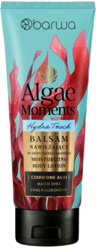 Barwa Algae Moments Hydra Touch nawilżający balsam do ciała. Turkusowa tubka z grafiką czerwonych alg na froncie.