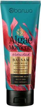 Barwa Algae Moments Nourishing Body Lotion z czerwonymi algami, masłem shea, awokado, w turkusowej tubce. Widok z przodu.