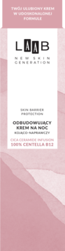 AA LAAB Odbudowujący krem na noc z Centellą B12. Białe pole z tekstem, logo na różowym, abstrakcyjnym tle.
