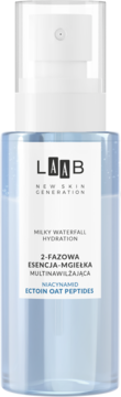 AA LAAB Milky Waterfall Hydration, 2-fazowa esencja-mgiełka, butelka z pompką, front. Ectoin Oat Peptides.