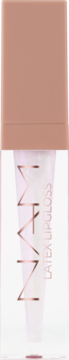 MUA Latex Lipgloss w przezroczystej butelce z beżową zakrętką, pionowy widok na front, lśniące wykończenie.