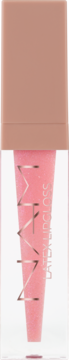 Różowy błyszczyk MAAZZ Latex Lipgloss w przezroczystej butelce z beżową zakrętką, widok z przodu.