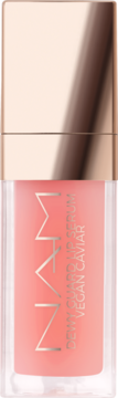 NAM Dewy Guard Lip Serum Vegan Caviar, przezroczysta tubka z różowym płynem, pionowy napis, złoty korek.