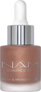 NAM Blonzing Drops Blush & Bronzer Mixer, szklana butelka z brązowym płynem, srebrna zakrętka, biała pipeta, widok z przodu.