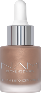 NAM Blonzing Drops Blush & Bronzer Mixer, butelka z matowego szkła, połyskujący brązowy płyn, widok pod kątem.