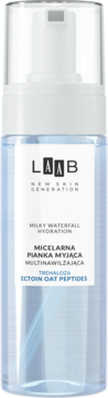 AA LAAB Milky Waterfall Hydration Micellar Foam z Ectoin Oat Peptides, widok z przodu przezroczystej butelki z białą pompką.