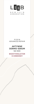 LAAB Aktywne Dermo-Serum Na Noc, biała etykieta z czarnym tekstem, PDRN Advanced Repair i ceramidy.