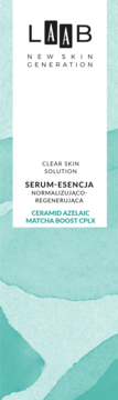 LAAB Serum-Esencja, Clear Skin Solution, Ceramid Azelaic Matcha Boost CPLX, biała etykieta na tealowym tle.
