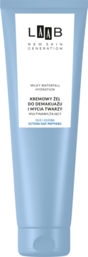 LAAB Kremowy żel do demakijażu i mycia twarzy Milky Waterfall Hydration, jasnoniebieska tubka, widok z przodu.