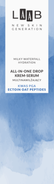AA LAAB KREM-SERUM MILKY WATERFALL HYDRATION z KWAS PGA i ECTOIN OAT PEPTIDES, biała etykieta na błękitnym tle.