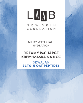 Etykieta LAAB Dreamy ReCHARGE krem-maski na noc, biała z czarnym tekstem, SKWALAN ECTOIN OAT PEPTIDES, na niebieskim tle.