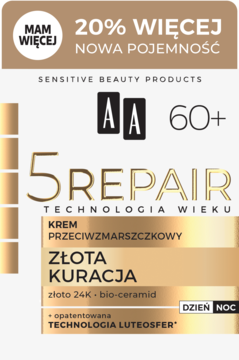 Krem przeciwzmarszczkowy AA 5 REPAIR Złota Kuracja 60+ dzień/noc, biało-złote opakowanie z napisem '20% więcej'.