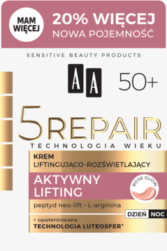 AA 5Repair krem liftingująco-rozświetlający 50+ z peptydem neo-lift, 20% więcej, opakowanie biało-złote.