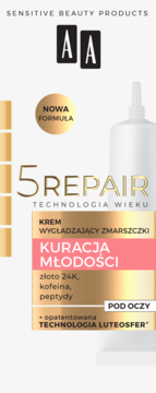 AA 5 Repair krem-kuracja młodości pod oczy. Biała tubka z aplikatorem, 24K złotem i peptydami, widok z przodu.