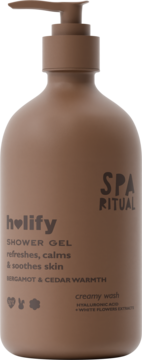 Holify Shower Gel Bergamot & Cedar Warmth, brązowa butelka z pompką. Kremowy żel z kwasem hialuronowym.