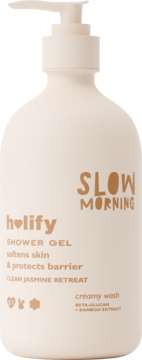 Holify Slow Morning Shower Gel w beżowej butelce z pompką, widok z przodu, brązowe napisy i serce.