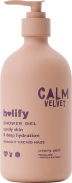 Holify Calm Velvet shower gel, peach pump bottle with Midnight Orchid Haze scent, front view.