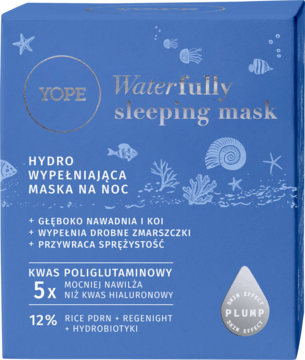 Nawilżająca maska na noc YOPE Waterfully w niebieskim pudełku, z kwasem poliglutaminowym, widok z przodu.