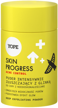 Yope Skin Progress Acne Control, żółty puder złuszczający z glinką, białe logo i czarny ptak, widok frontowy.