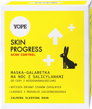 Żółte opakowanie YOPE SKIN PROGRESS ACNE CONTROL maski-galaretki na noc z salicylanami do cery z niedoskonałościami.