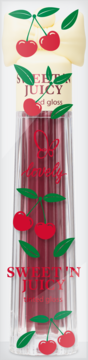 Czerwony błyszczyk Sweet 'N Juicy z witaminą E, przezroczysta butelka z wiśniami i kokardą, widok z przodu.