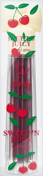 Błyszczyk do ust Sweet 'n Juicy w przezroczystej butelce z wzorem wiśni i kremową kokardą, widok z przodu.