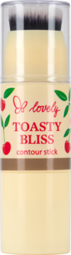 Kremowy bronzer Lovely Toasty Bliss contour stick, jasnożółty, z pędzelkiem i wzorem wiśni, widok z przodu.