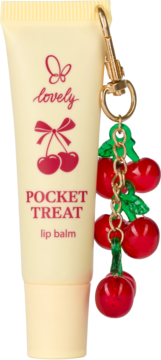 Balsam do ust Lovely POCKET TREAT w żółtej tubce z grafiką i brelokiem wiśni. Kojący i nawilżający.