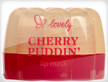 Lovely Cherry Puddin' lip mask w dwukolorowym, budyniowym słoiczku, beżowa góra, czerwony dół, widok z przodu.
