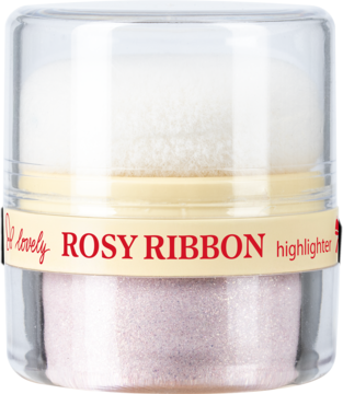 Sypki rozświetlacz Rosy Ribbon w przezroczystym słoiczku z różowym pudrem i puszkiem, frontalny widok.