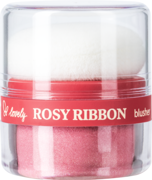 Sypki różowy róż So Lovely Rosy Ribbon w przezroczystym słoiczku z czerwoną opaską i białym puszkiem.