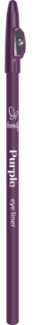 Fioletowa kredka do oczu Lovely z wbudowaną temperówką, z napisem 'Purple eye liner'.
