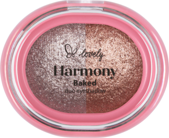Różowa, owalna paletka cieni Lovely Harmony Baked Duo Eyeshadow z lśniącymi odcieniami: srebrno-brązowym i miedzianym.