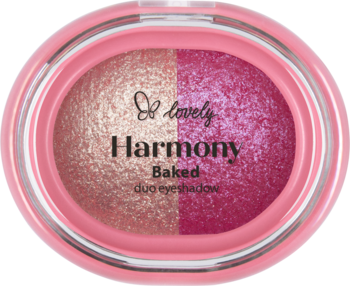 Lovely Harmony Baked duo eyeshadow w różowym kompakcie, złotobrązowy i fuksjowy, widok z góry.