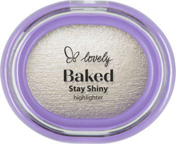 Okrągły, lawendowy rozświetlacz Lovely Baked Stay Shiny, z połyskującym beżowym wkładem, widok z góry.