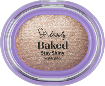 Wypiekany rozświetlacz lovely Baked Stay Shiny w fioletowym kompakcie, widoczny różowo-złoty odcień.