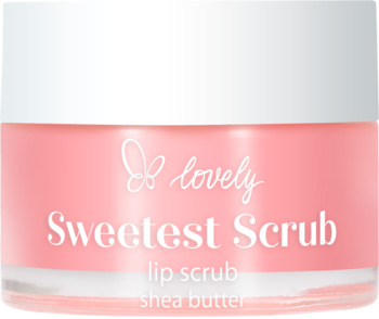 Peeling do ust Lovely Sweetest Scrub z masłem shea, różowy szklany słoiczek z białą zakrętką, widok z przodu.