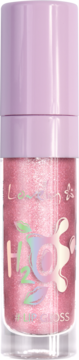 Różowy lip gloss Lovely H2O z brokatem w przezroczystej butelce, fioletowa zakrętka, efekt wet look, widok frontalny.