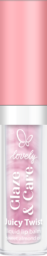 Płynny balsam do ust Lovely Glaze & Care Juicy Twist z olejem migdałowym, różowa zakrętka, front.