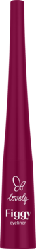 Figowy, matowy eyeliner Lovely Figgy w stożkowej butelce. Białe logo motyla i napisy. Widok z przodu.