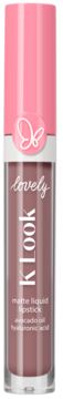 Matowa pomadka w płynie Lovely K!LOOK, odcień mauve, w przezroczystej tubce z różową nakrętką i logo.