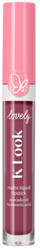 K LOOK matte liquid lipstick, plum shade, pink cap with butterfly logo. Contains avocado oil and hyaluronic acid, front view.