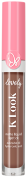 Matowa pomadka Lovely K!LOOK, brązowa, w tubce z różową nakrętką i logo motyla, zawiera olejek awokado.